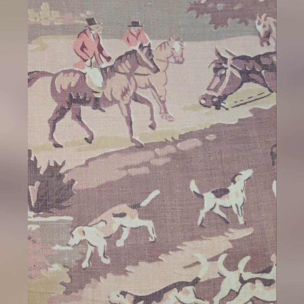 RARE Antique Toile English or French Fox Hunt Fabric Panel in Pinks